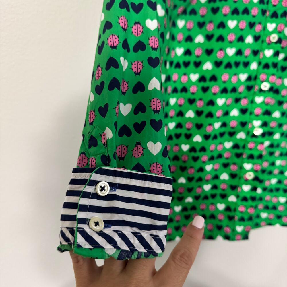 Talbots Top Size P Button Down Green Ladybug Hear… - image 6